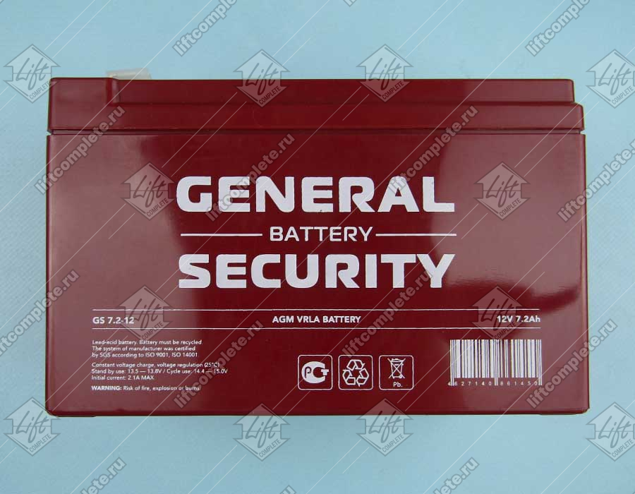 Аккумулятор, GENERAL SECURITY, GS 7.2-12, 12В, 7,2Ач